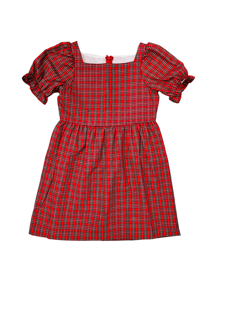 Red Plaid Puff Sleeve Dress