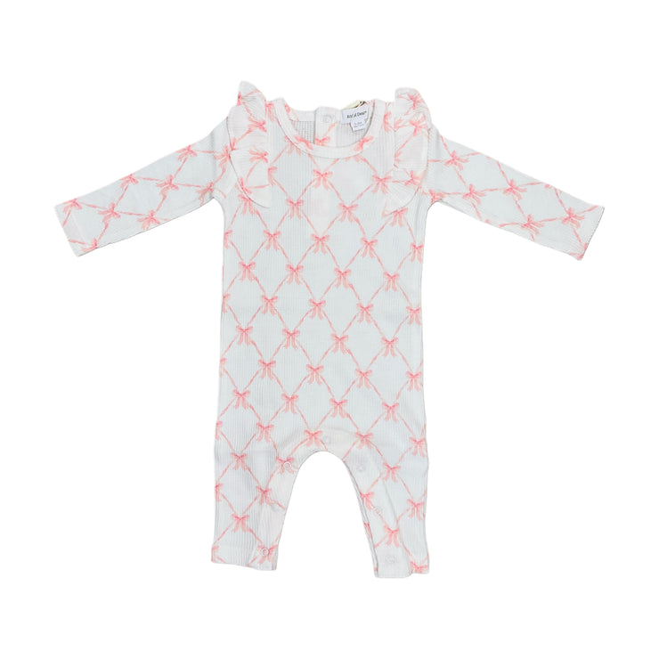 Wh/LP Rib Bow LS Ruff Romper
