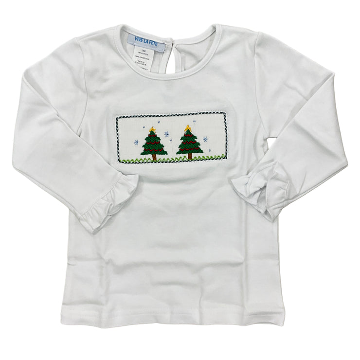 Wh Cmas Tree Ruffle LS Tee