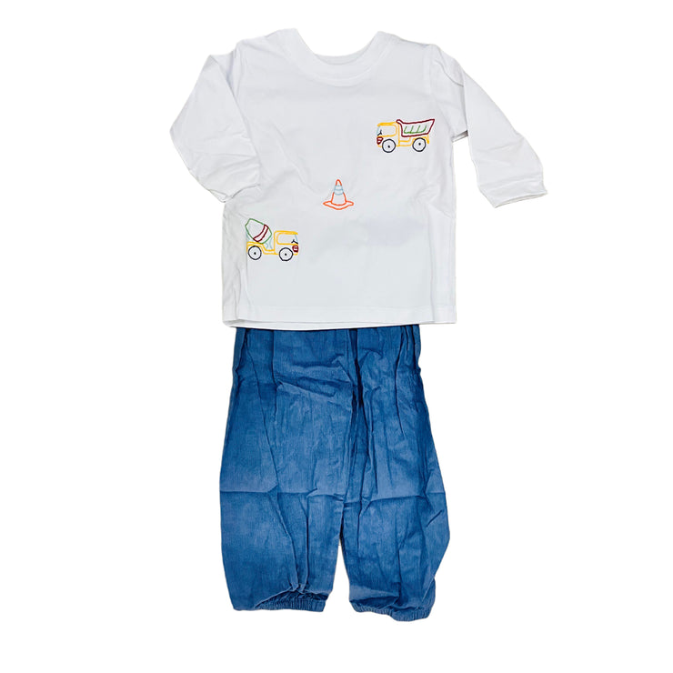 Steel Blue Cord Construction Vehicle Bloomer Set