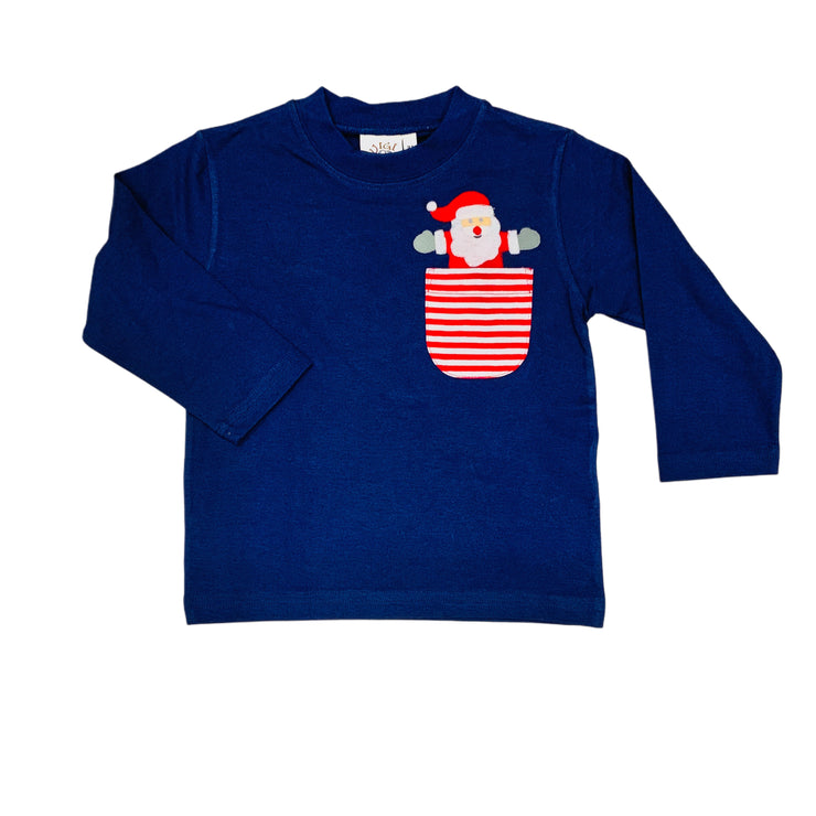 Navy LS Tee with Santa and Red Stripe Pocket