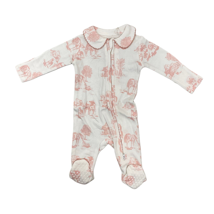 Wh/Pk Farm Toile Zip Footie